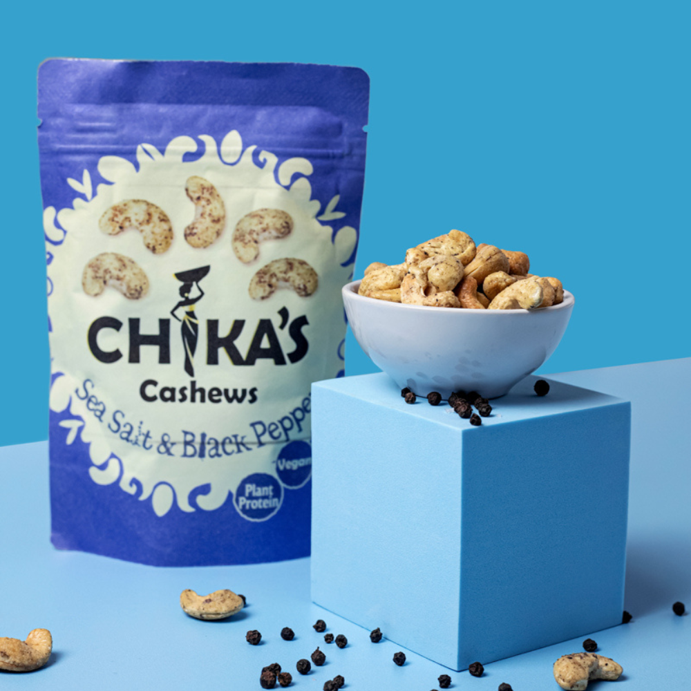 CHIKA'S Sea Salt & Black Pepper Cashews - Savoury cashews seasoned with sea salt and a touch of black pepper.